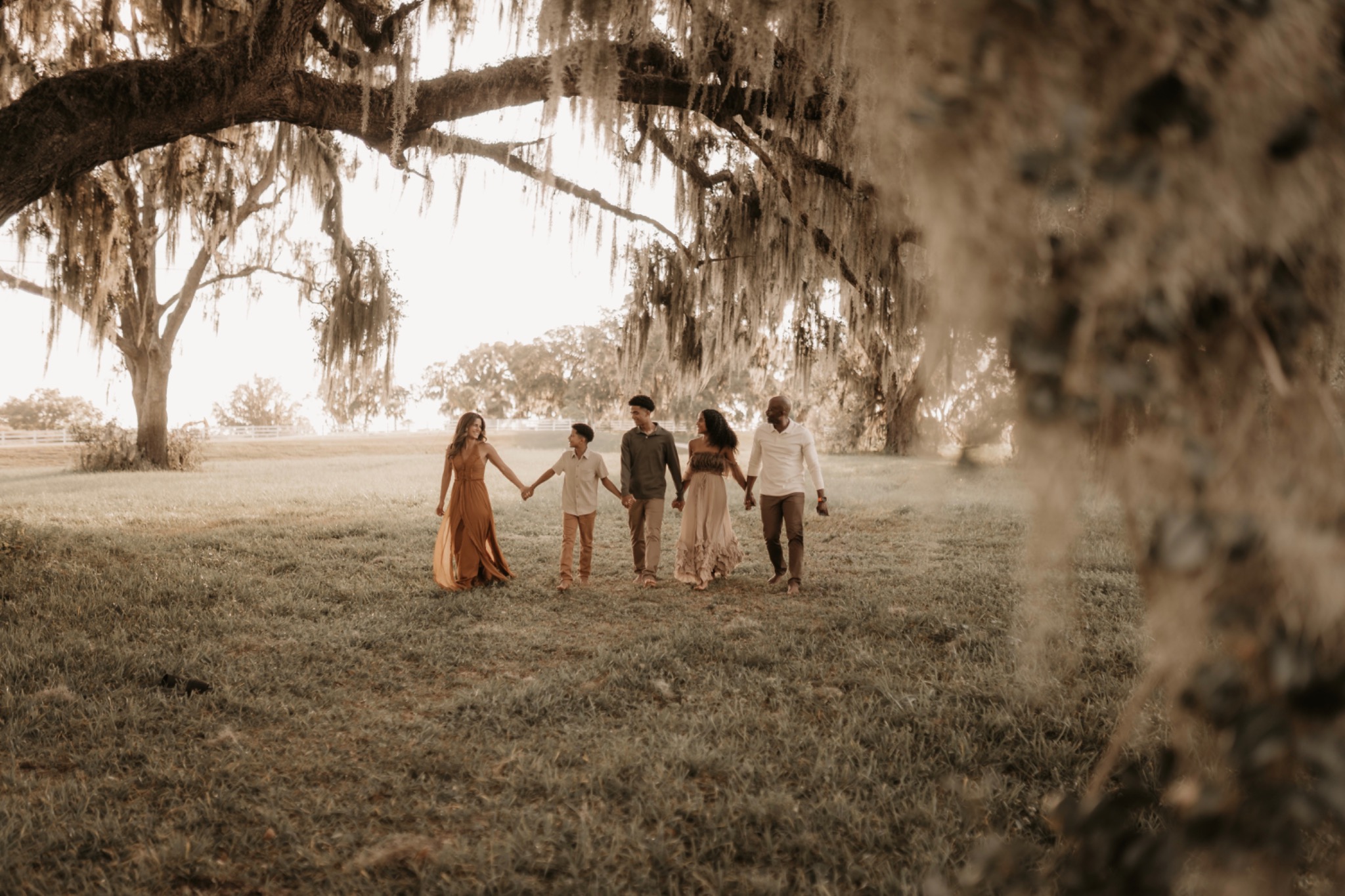 The Merricks family walking hand-in-hand under oak trees at sunset